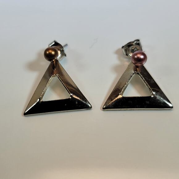 Geometric Silver Triangle Earrings with Pink and Gold Pearls, Modern Minimalist - Picture 1 of 10
